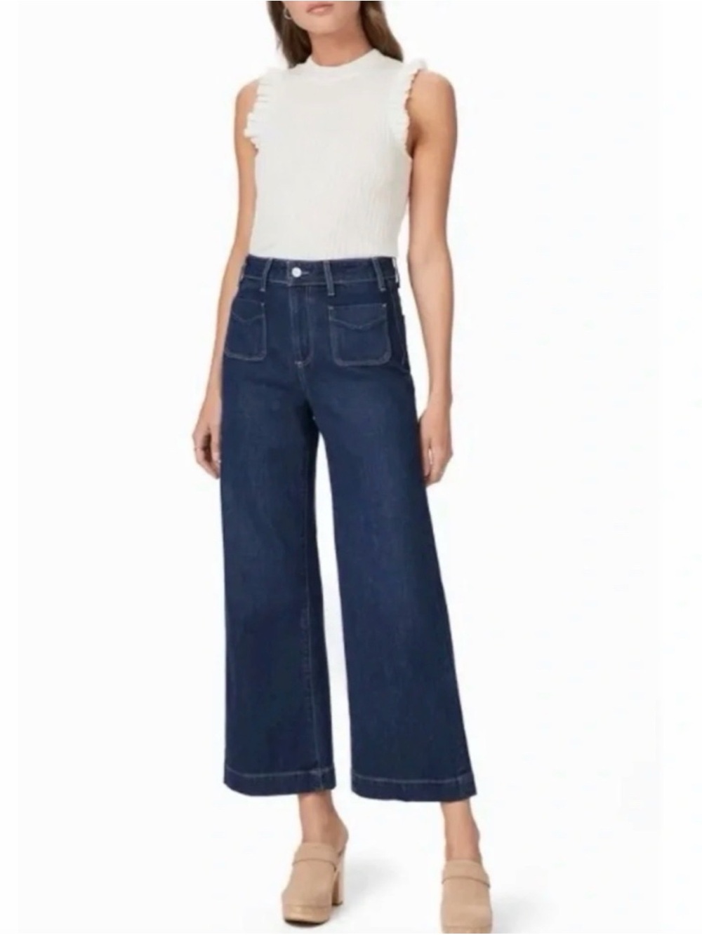 PAIGE Anessa Patch Pocket Cropped High-Rise Wide Leg Jeans Grecian Blue Size 33